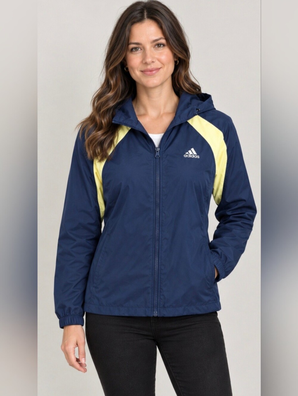 adidas Women's Navy and Yellow Hooded Windbreaker Jacket
